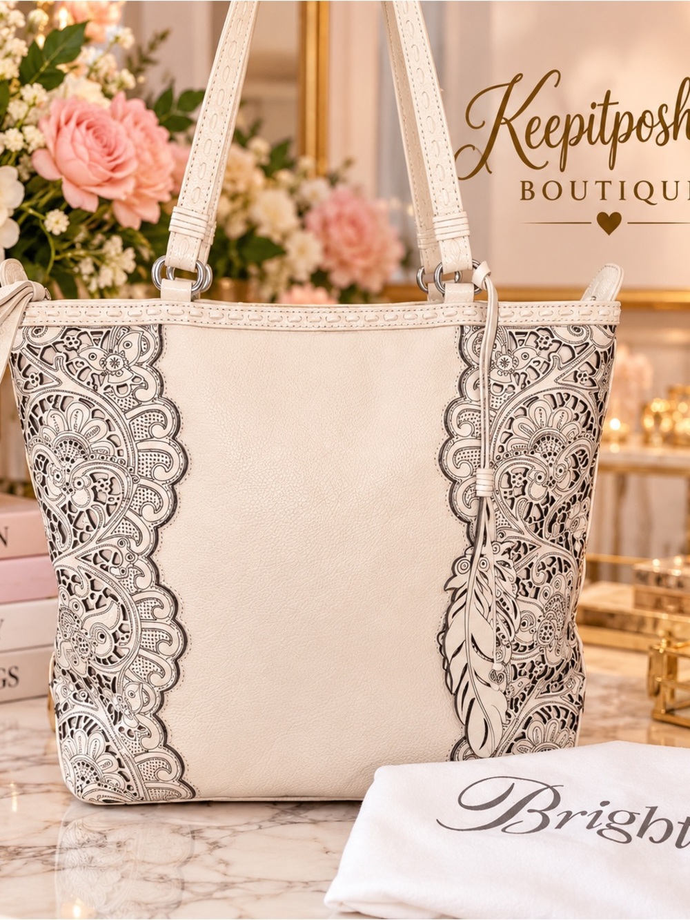 Brighton Cream Laser-Cut Leather Tote with Tassel